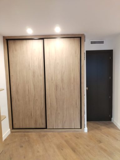 Puerta de armario de madera clara con un diseño minimalista y pared blanca.