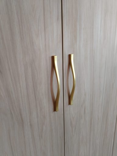 Puertas de armario de madera clara con tiradores dorados.