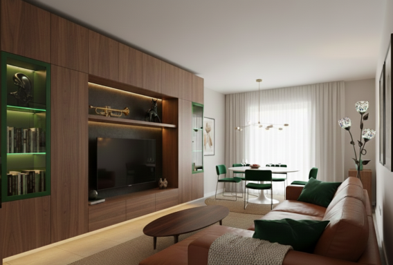 Sala moderna con sofá marrón, mueble de TV y mesa de comedor verde y blanca.