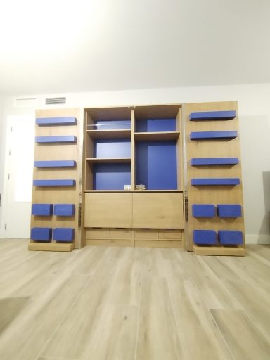 Mueble de madera con estantes y paneles azules, estilo moderno y minimalista.