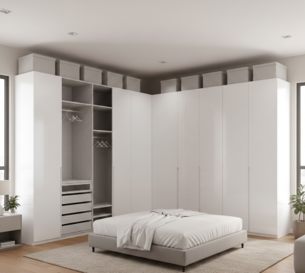 Habitación moderna con armario blanco y cama individual. Paredes con grandes ventanas.