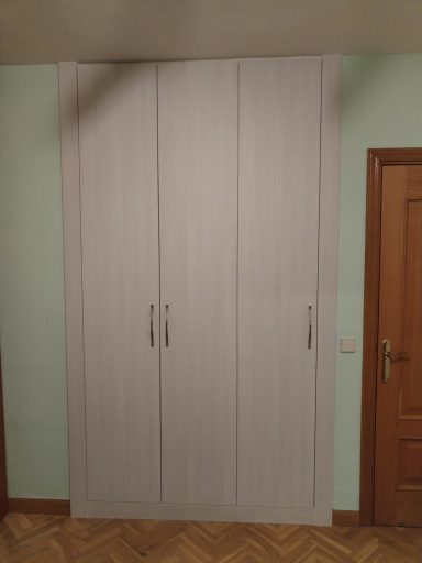 Puertas de un armario de color blanco sobre una pared de tono verde claro.